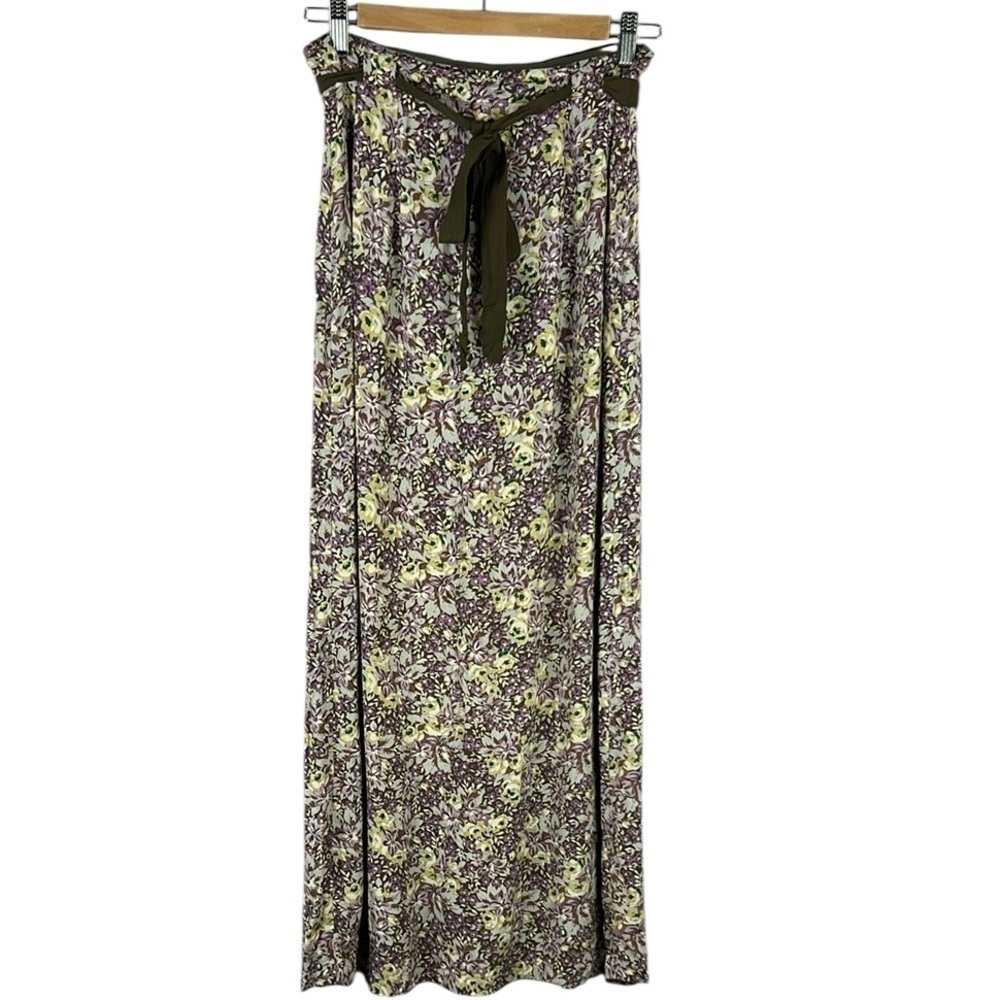 April Cornell Cottagecore Floral Tie Waist Maxi Skirt Small Purple Yellow